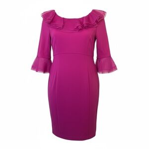 Nue by Shani Fuschia Ruffled 3/4 Sleeve Sheath Dress